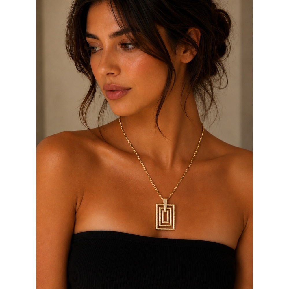 Vintage Brushed Gold Tone Geometric Rectangle Pendant Necklace